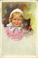 1932 Girl with cat. Children art postcard. B.K.W.I. 881-2. s: K. Feiertag (EK)