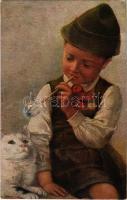 Bubi / Boy with cat. Children art postcard. A.R. & C.i.B. No. 1131/3.