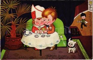 Glückliche Stunden / Romantic children couple with dog at the restaurant. Amag 1932. (EK)