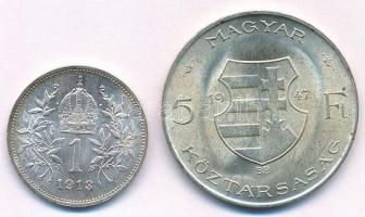 Vegyes: Ausztria 1913. 1K Ag "Ferenc József" + 1947. 5Ft Ag "Kossuth" T:1-,2
Mi...