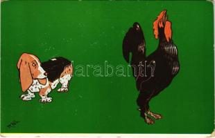 Basset hound dog with rooster. E.J. Hey & Co. 497-6. s: R. Pick (EK)
