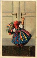 1932 Girl in traditional costumes, Hungarian folklore art postcard. Magyar Rotophot s: Pólya T.