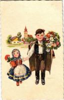 1932 Children in traditional costumes, Hungarian folklore art postcard. Magyar Rotophot 900/4. s: Pólya T.