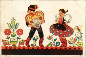 1935 Szív küldi szívnek szívesen. Magyar folklór művészlap / Hungarian folklore art postcard s: Csikós Tóth András (EK)