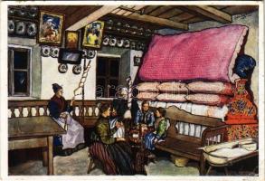 Parasztszoba, Szentistván (Borsod megye). Magyar folklór művészlap / Hungarian folklore art postcard s: Csikós Tóth András (EK)