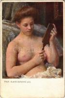 Erotic nude lady with mirror. art postcard s: Prof. Vlaho Bukovac (EK)