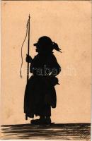 Tábori Postai Levelezőlap kézi sziluett rajzzal / WWI Austro-Hungarian K.u.K. military field postcard with custom hand-drawn silhouette art / Feldpostkarte (EK)