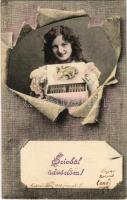 1906 Szívből üdvözlöm / Girl with cigars. Greeting card