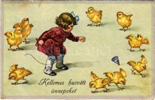 1937 Kellemes Húsvéti Ünnepeket / Easter greeting card, girl with chickens. ERIKA Nr. 4060. (fl)