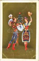 1935 Boldog Karácsonyi Ünnepeket / Christmas greeting card, Hungarian folklore. K. Bp. 300. (EK)