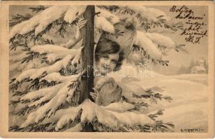 1905 Karácsonyi üdvözlet / Christmas greeting card, girl in the snow. T.S.N. Ser. 510. N. 6. s: R. Kratki (EK)
