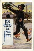 1930 Viel Glück im neuen Jahre! / New Year greeting card, chimney sweeper with pigs. Karte Nr. 1914. s: Streyl (EK)