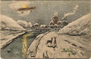 1910 Boldog Újévet! / New Year greeting card, winter landscape with airship, snow. V. K. Vienne 5139. (EB)