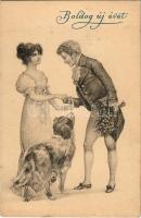 1909 Boldog Újévet! / New Year greeting card, romantic couple with dog. Déposé Serie 179.