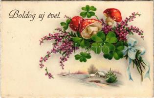 1937 Boldog Újévet! / New Year greeting card, mushroom, clover, winter landscape. ERIKA Nr. 6094.