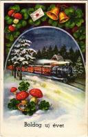 Boldog Újévet! / New Year greeting card, train, locomotive with mushroom, clover. Rokat 1634. (EK)