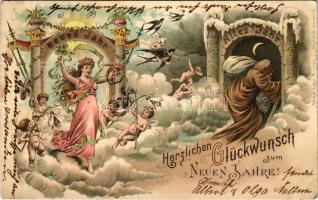 1900 Herzlichen Glückwunsch zum Neuen Jahre! Neues Jahr - Altes Jahr / New Year greeting card, old year, humour. Ottmar Zieher, München 1. Art Nouveau, litho (EB)