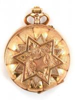 14 K arany (Au) dupla arany fedelű női zsebóra. hiányzó üveg, szétjött tok, javításra szorul. Jelzet...