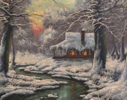 Gábris Béla (?-?): Téli táj. Olaj, vászon, jelzett. Enyhén sérült, neobarokk stílusú fa keretben, 60...