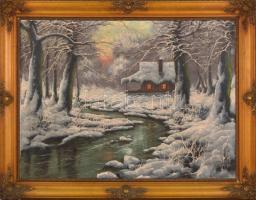Gábris Béla (?-?): Téli táj. Olaj, vászon, jelzett. Enyhén sérült, neobarokk stílusú fa keretben, 60...