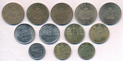 Monaco 1962-1982. 10c-10Fr (12xklf) T:1-2 Monaco 1962-1982. 10 Centimes - 10 Francs (12xdiff) C:UNC-XF