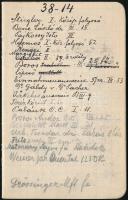 1914-1915 Azonosítatlan személy notesza, talán egy betegeskedő MÁV tisztviselő notesza, bejegyzésekkel, nevekkel, adatokkal, kiadásokkal, adókkal, az általa festett festményekre vonatkozó megjegyzésekkel, háborúra utaló megjegyzésekkel, betegségre feljegyzésekkel, nagyrészt magyarul, néhol egy-két német, egy francia, egy angol nyelvű sorral, borító nélkül, érdekes, átnézendő tétel, egy lapot kivágtak, 13x8 cm, 23 sztl. lev.,benne 11 beírt oldallal.