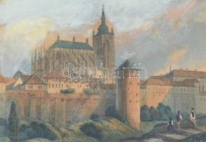 Henry Winkles (1801-1860): Kézzel színezett rézmetszetű vár és katedrális kép. 11x8 cm Üvegezett keretben.
