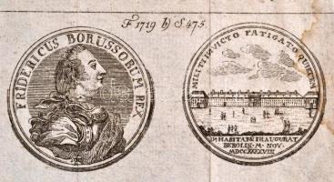 1748 Berlin, Frigyes porosz király és a palota rézmetszetű képe / Copper plate image of Friedrich Pr...