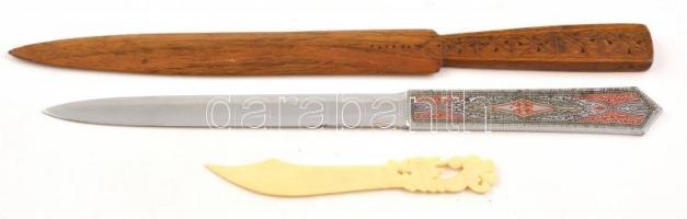 3 db levélbontó kés, fém: 24 cm, fa: 25 cm, csont: 11 cm, mindegyik ornamentális díszítéssel, fém penge hátoldalán kopással