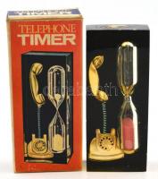 Telephone timer retro telefonidő-mérő homokóra, üveg alatt. Működik, éleinél apró sérüléssel és kopásnyomokkal, eredeti karton dobozában, m: 8 cm