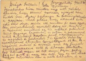 1940 May Elemér zsidó 203/6. táb. KMSZ (közérdekű munkaszolgálatos) levele szüleinek és feleségének ...