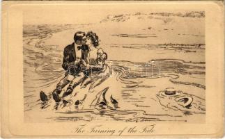 The Turning of the Tide. Pictorial Comedy James Henderson & Sons. Romantic couple kissing, humour. artist signed (EK)