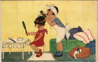 Girls hairdressing. Children art postcard. NPG. 08033/3. s: Chicky Spark (EK)