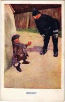 Bribery. Children humour art postcard, policeman. The Lawrence & Jellicoe Series Postcard 5011. s: Lawson Wood