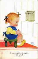 1937 If you want to do right - do write! Children art postcard. H.W.B. 15. s: Mabel Lucie Attwell (fl)