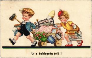 Út a boldogság felé! / Children humour art postcard. Amag 0445.