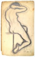 Bernáth Aurél (1895-1982): Ülő akt. Ceruza, papír, jelzett és datált (1918. nov. 20.), hátoldalán Magyar Nemzeti Galéria bírálati címkéjével (1283/978), kartonra kasírozva, sérült (szakadásokkal), foltos 45×27 cm