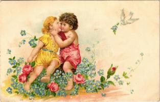 Romantic children couple kissing. Floral, litho (EK)
