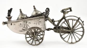 Ezüst(Ag) miniatűr biciklis kocsi, jelzett, 10×4 cm, nettó: 65,4 g
