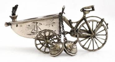 Ezüst(Ag) miniatűr biciklis kocsi, jelzett, 10×4 cm, nettó: 65,4 g