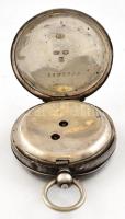 Ezüst(Ag) zsebóra, jelzett, hiányzó másodpercmutató, felhúzó kulccsal, d: 5 cm, bruttó: 93,3 g
