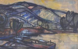 Vágfalvi Ottó (1925-2015): Folyópart hajókkal (Duna?). Vegyes technika, papír, jelzett, üvegezett keretben, 28×44 cm