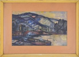 Vágfalvi Ottó (1925-2015): Folyópart hajókkal (Duna?). Vegyes technika, papír, jelzett, üvegezett ke...