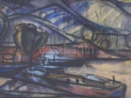 Vágfalvi Ottó (1925-2015): Folyópart hajókkal (Duna?). Vegyes technika, papír, jelzett, üvegezett ke...