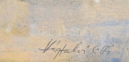 Vágfalvi Ottó (1925-2015): Folyópart hajókkal (Duna?). Vegyes technika, papír, jelzett, üvegezett ke...