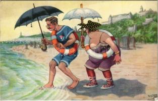 1928 Fat lady at the beach, wife and husband with umbrellas, humour. L. & P. 1243. s: Arthur Thiele (EK)