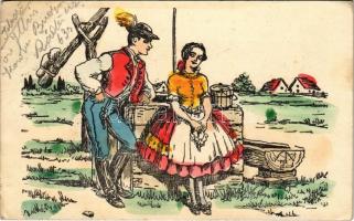 1941 Magyar folklór művészlap, Hortobágy / Hungarian folklore art postcard, romantic couple (EK)