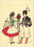 Magyar folklór művészlap / Hungarian folklore art postcard, romantic couple (EK)