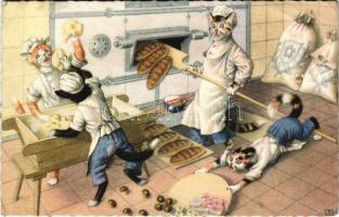 Cats making a mess in the kitchen while baking, cat bakers. Colorprint B Special 2258/6. (EB)