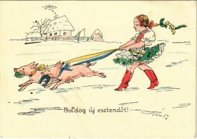 Boldog Új Esztendőt! / Hungarian irredenta propaganda with New Year greeting, girl with pigs s: Pálffy (gyűrődés / crease)